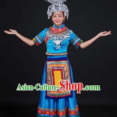 Chinese Traditional Shui Nationality Stage Show Blue Dress Ethnic Minority Folk Dance Costume for Women