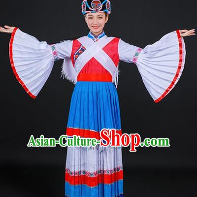 Chinese Traditional Lijiang Naxi Nationality Stage Show Blue Dress Ethnic Minority Folk Dance Costume for Women