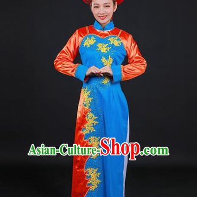 Chinese Traditional Jing Nationality Stage Show Embroidered Blue Dress Ethnic Minority Folk Dance Costume for Women