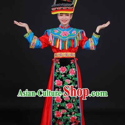Chinese Traditional Qiang Nationality Stage Show Red Dress Ethnic Minority Folk Dance Costume for Women