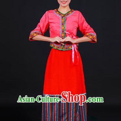 Chinese Traditional Blang Nationality Stage Show Red Dress Ethnic Minority Folk Dance Costume for Women