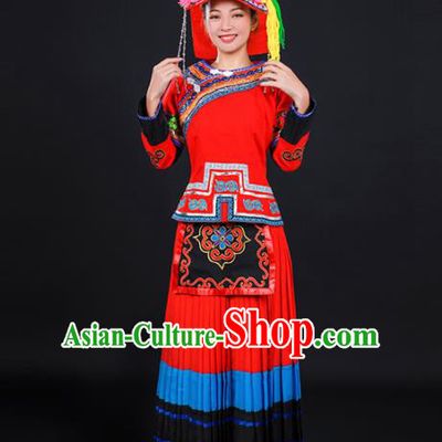 Chinese Traditional Yi Nationality Stage Show Red Dress Ethnic Minority Folk Dance Costume for Women