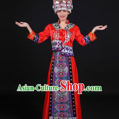Chinese Traditional Tujia Nationality Stage Show Red Dress Ethnic Minority Folk Dance Costume for Women