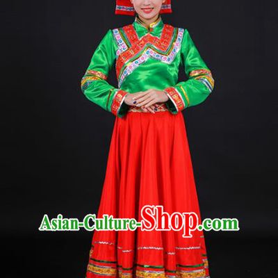Chinese Traditional Lisu Nationality Stage Show Red Dress Ethnic Minority Folk Dance Costume for Women