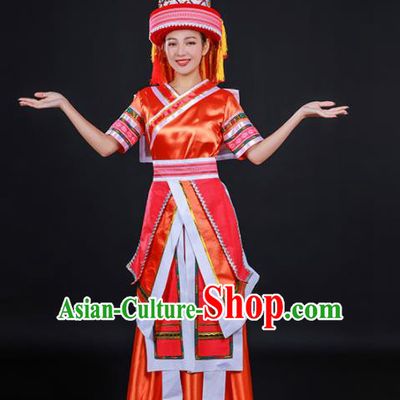Chinese Traditional Yao Nationality Stage Show Orange Dress Ethnic Minority Folk Dance Costume for Women