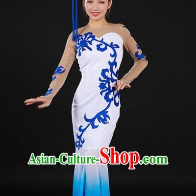Chinese Spring Festival Gala Classical Dance Blue Fishtail Dress Traditional Chorus Costume for Women