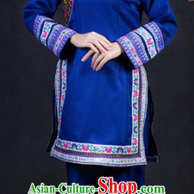 Chinese Traditional Lhoba Nationality Stage Show Royalblue Dress Ethnic Minority Folk Dance Costume for Women