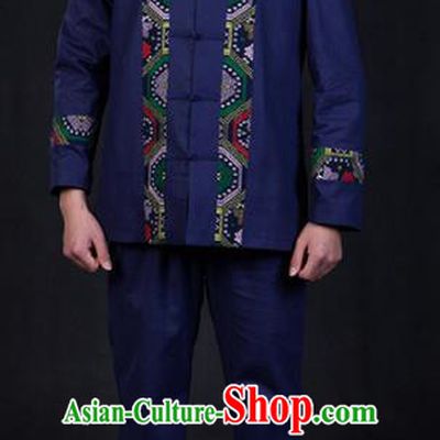 Chinese Traditional Zhuang Nationality Festival Compere Navy Outfits Ethnic Minority Folk Dance Stage Show Costume for Men