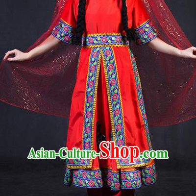 Chinese Traditional Tajik Nationality Stage Show Red Dress Ethnic Minority Folk Dance Costume for Women