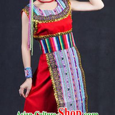 Chinese Traditional Drung Nationality Stage Show Red Dress Ethnic Minority Folk Dance Costume for Women