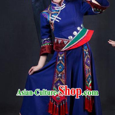 Chinese Traditional Zhuang Nationality Stage Show Navy Dress Ethnic Minority Folk Dance Costume for Women