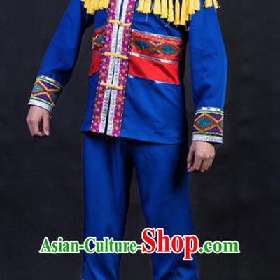Chinese Traditional Zhuang Nationality Festival Compere Royalblue Outfits Ethnic Minority Folk Dance Stage Show Costume for Men