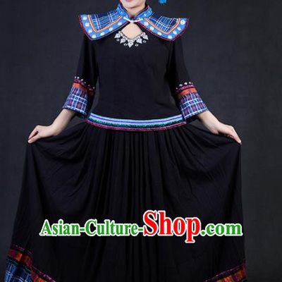 Chinese Traditional Yao Nationality Stage Show Black Dress Ethnic Minority Folk Dance Costume for Women
