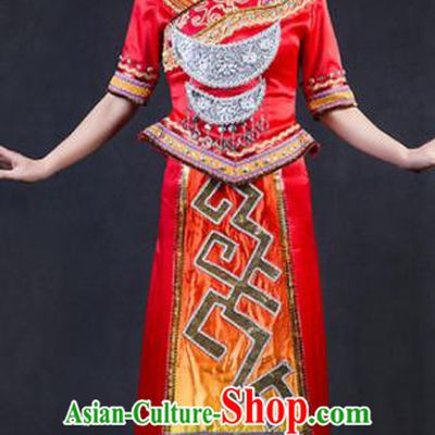 Chinese Traditional Zhuang Nationality Stage Show Red Dress Ethnic Minority Folk Dance Costume for Women
