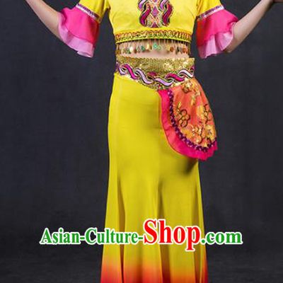 Chinese Traditional Dai Nationality Stage Show Yellow Dress Ethnic Minority Folk Dance Costume for Women