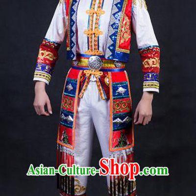 Chinese Traditional Zhuang Nationality Festival Compere White Outfits Ethnic Minority Folk Dance Stage Show Costume for Men