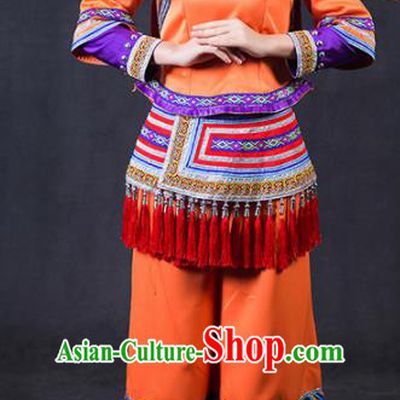 Chinese Traditional Yao Nationality Stage Show Orange Outfits Ethnic Minority Folk Dance Costume for Women