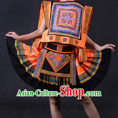Chinese Traditional Yao Nationality Stage Show Orange Short Dress Ethnic Minority Folk Dance Costume for Women