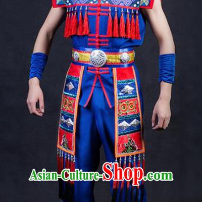 Chinese Traditional Yao Nationality Festival Compere Royalblue Outfits Ethnic Minority Folk Dance Stage Show Costume for Men