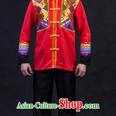 Chinese Traditional Zhuang Nationality Festival Compere Red Outfits Ethnic Minority Folk Dance Stage Show Costume for Men