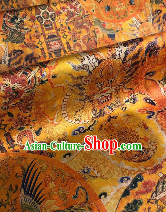 Asian Chinese Traditional Dragon Phoenix Pattern Design Golden Gambiered Guangdong Gauze Fabric Silk Material Asian Chinese Traditional Dragon Phoenix Pattern Design Golden Gambiered Guangdong Gauze Fabric Silk Material