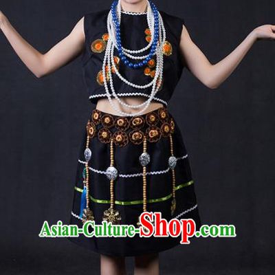 Chinese Traditional Moinba Nationality Stage Show Black Short Dress Ethnic Minority Folk Dance Costume for Women