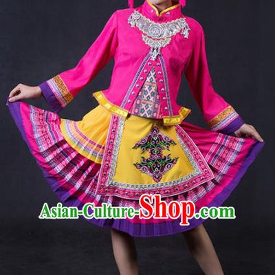 Chinese Traditional Yao Nationality Stage Show Rosy Short Dress Ethnic Minority Folk Dance Costume for Women