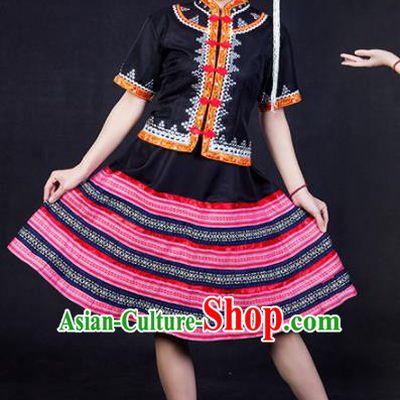 Chinese Traditional Lahu Nationality Stage Show Black Short Dress Ethnic Minority Folk Dance Costume for Women