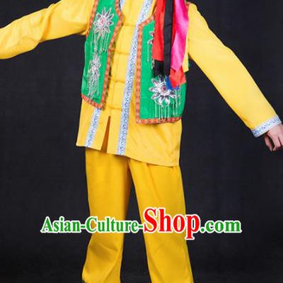 Chinese Traditional Hezhen Nationality Festival Compere Yellow Outfits Ethnic Minority Folk Dance Stage Show Costume for Men