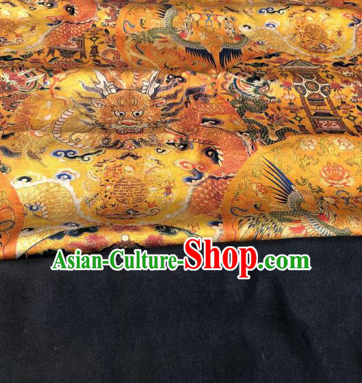 Asian Chinese Traditional Dragon Phoenix Pattern Design Golden Gambiered Guangdong Gauze Fabric Silk Material Asian Chinese Traditional Dragon Phoenix Pattern Design Golden Gambiered Guangdong Gauze Fabric Silk Material