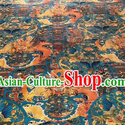 Asian Chinese Traditional Dragon Phoenix Pattern Design Blue Gambiered Guangdong Gauze Fabric Silk Material