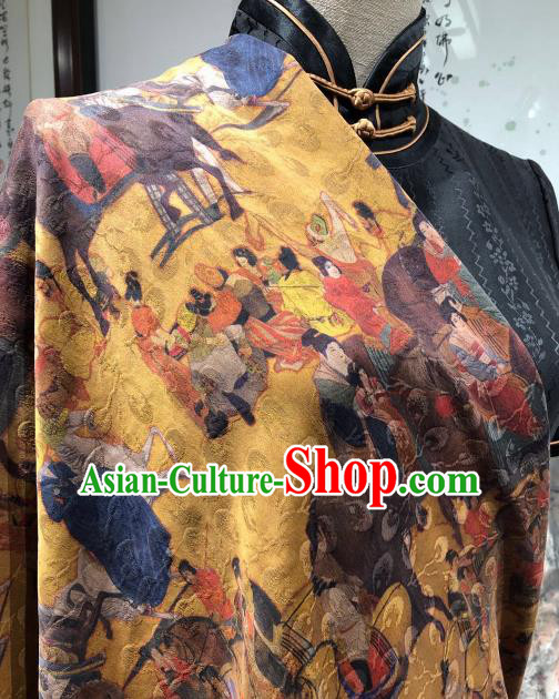 Asian Chinese Traditional Tang Dynasty Pattern Design Golden Gambiered Guangdong Gauze Fabric Silk Material Asian Chinese Traditional Tang Dynasty Pattern Design Golden Gambiered Guangdong Gauze Fabric Silk Material