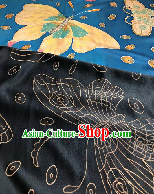 Asian Chinese Traditional Butterfly Pattern Design Blue Gambiered Guangdong Gauze Fabric Silk Material Asian Chinese Traditional Butterfly Pattern Design Blue Gambiered Guangdong Gauze Fabric Silk Material