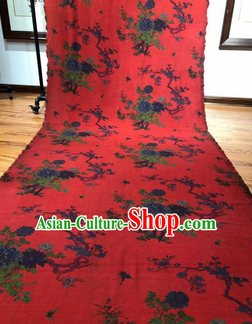 Asian Chinese Traditional Peony Orchid Pattern Design Red Gambiered Guangdong Gauze Fabric Silk Material Asian Chinese Traditional Peony Orchid Pattern Design Red Gambiered Guangdong Gauze Fabric Silk Material