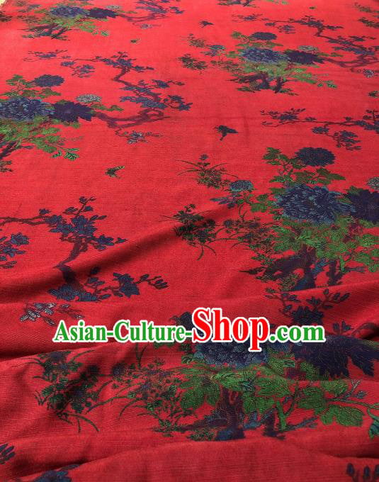 Asian Chinese Traditional Peony Orchid Pattern Design Red Gambiered Guangdong Gauze Fabric Silk Material Asian Chinese Traditional Peony Orchid Pattern Design Red Gambiered Guangdong Gauze Fabric Silk Material