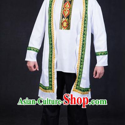 Chinese Traditional Kazak Nationality Festival Compere White Outfits Ethnic Minority Folk Dance Stage Show Costume for Men