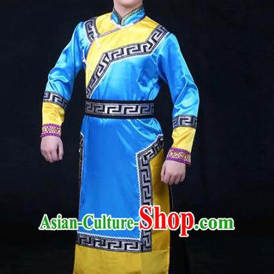 Chinese Traditional Yughur Nationality Festival Compere Blue Outfits Ethnic Minority Folk Dance Stage Show Costume for Men