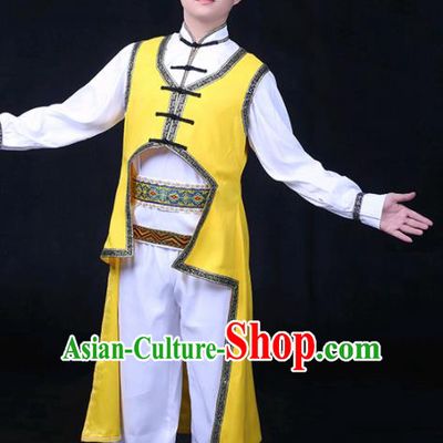 Chinese Traditional Daur Nationality Festival Compere Yellow Outfits Ethnic Minority Folk Dance Stage Show Costume for Men