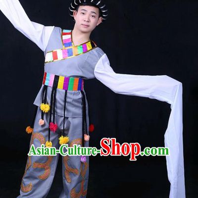 Chinese Traditional Zang Nationality Festival Compere Grey Outfits Ethnic Minority Folk Dance Stage Show Costume for Men