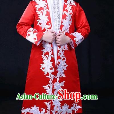 Chinese Traditional Ozbek Nationality Festival Compere Red Outfits Ethnic Minority Folk Dance Stage Show Costume for Men