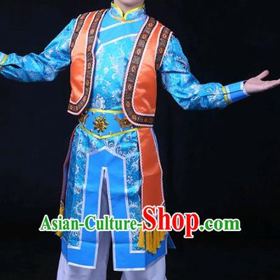 Chinese Traditional Xibe Nationality Festival Compere Blue Outfits Ethnic Minority Folk Dance Stage Show Costume for Men