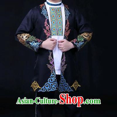 Chinese Traditional Khalkhas Nationality Festival Compere Black Outfits Ethnic Minority Folk Dance Stage Show Costume for Men