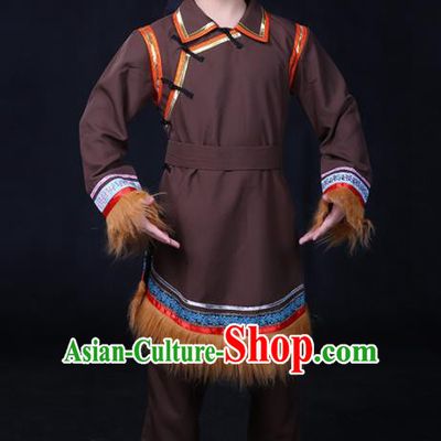 Chinese Traditional Ewenki Nationality Compere Brown Outfits Ethnic Minority Folk Dance Stage Show Festival Costume for Men