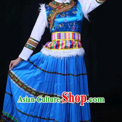Chinese Traditional Pumi Nationality Stage Show Blue Long Dress Ethnic Minority Folk Dance Costume for Women
