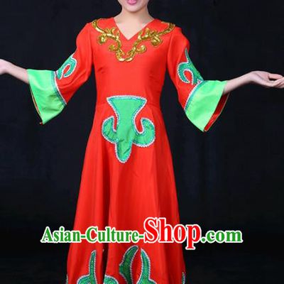 Chinese Traditional Daur Nationality Stage Show Red Dress Ethnic Minority Folk Dance Costume for Women