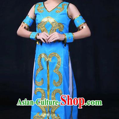 Chinese Traditional Xibe Nationality Stage Show Blue Dress Ethnic Minority Folk Dance Costume for Women