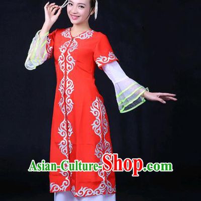 Chinese Traditional Khalkhas Nationality Stage Show Red Dress Ethnic Minority Folk Dance Costume for Women