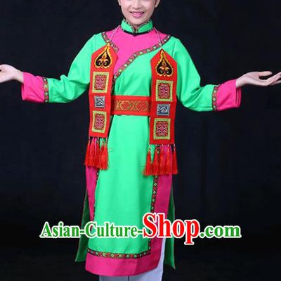 Chinese Traditional Yughur Nationality Stage Show Green Dress Ethnic Minority Folk Dance Costume for Women