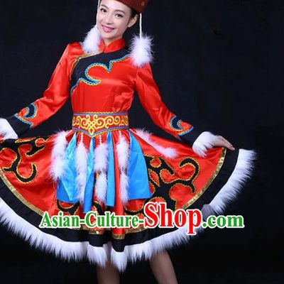 Chinese Traditional Hezhen Nationality Stage Show Red Dress Ethnic Minority Folk Dance Costume for Women