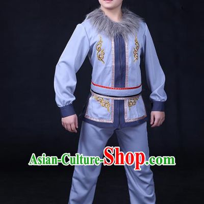 Chinese Traditional Hezhen Nationality Compere Blue Outfits Ethnic Minority Folk Dance Stage Show Festival Costume for Men